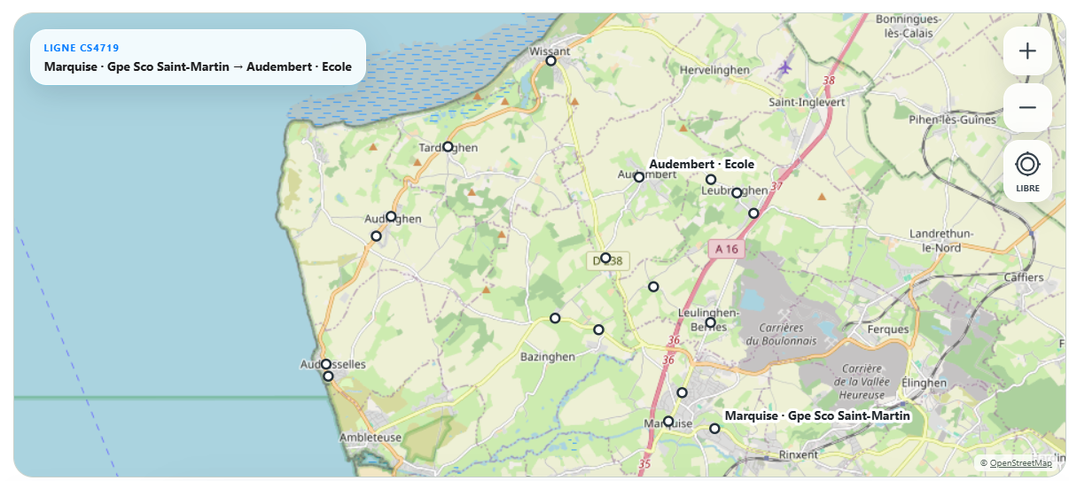 Exemple du parcours scolaire CS4719 affiché sur la carte TransMemo, de Marquise à Audembert